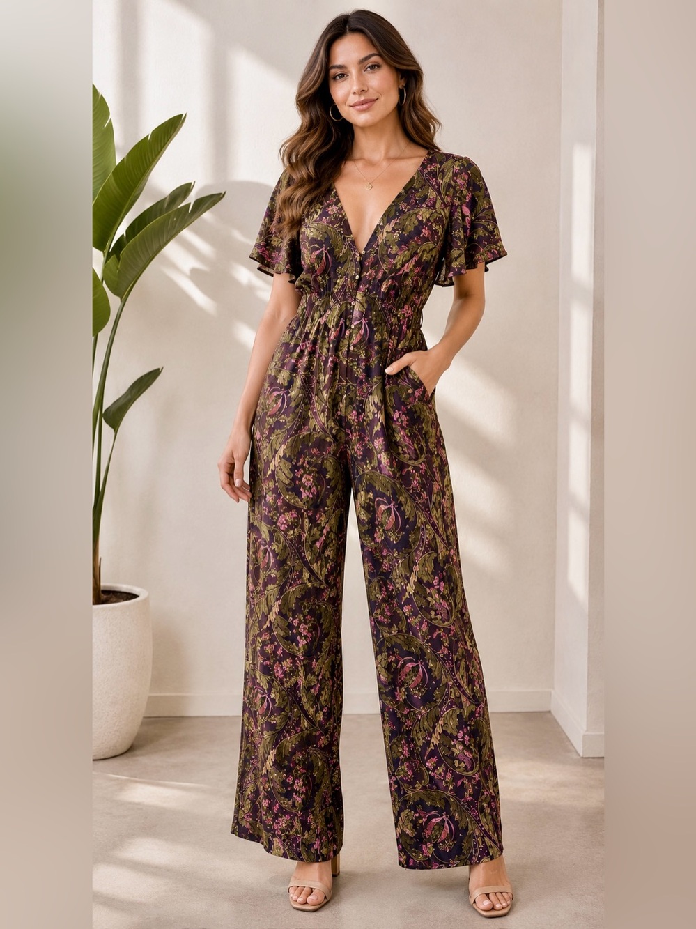 ETT:TWA by Anthropologie Olive & Pink Floral V-Neck Wide-Leg Jumpsuit 10